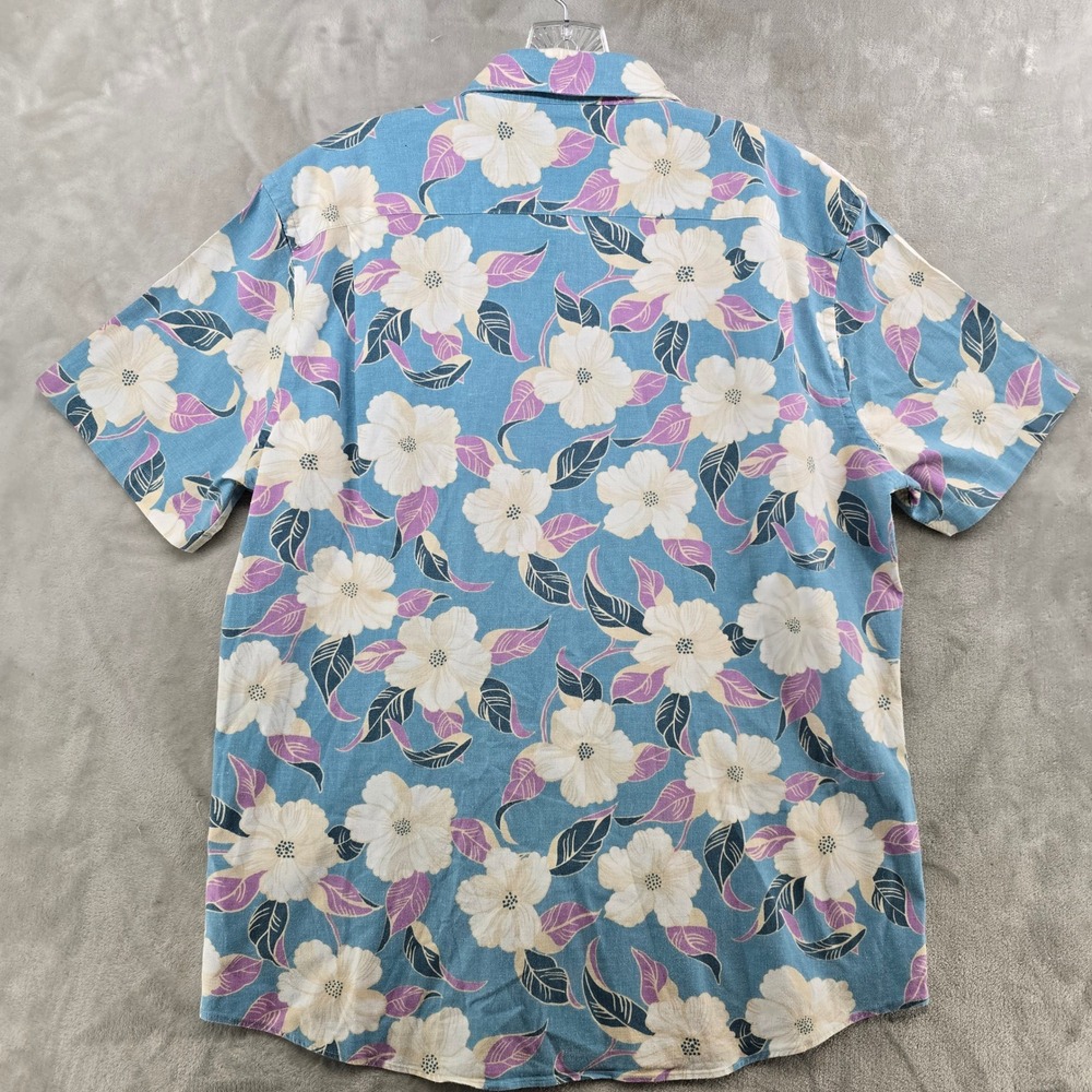 Faherty Button Down Shirt Mens Large Blue Hawaiian Floral Hemp Short Sleeve - Picture 3 of 8